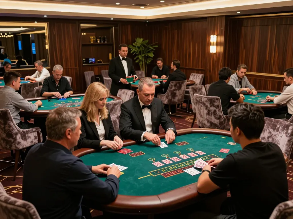 56WIN blackjack players strategizing bets in a vibrant luxury casino setting.