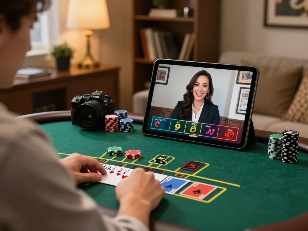 Player enjoying MB88 live dealer blackjack in a home setup with stylish decor and engaging atmosphere.
