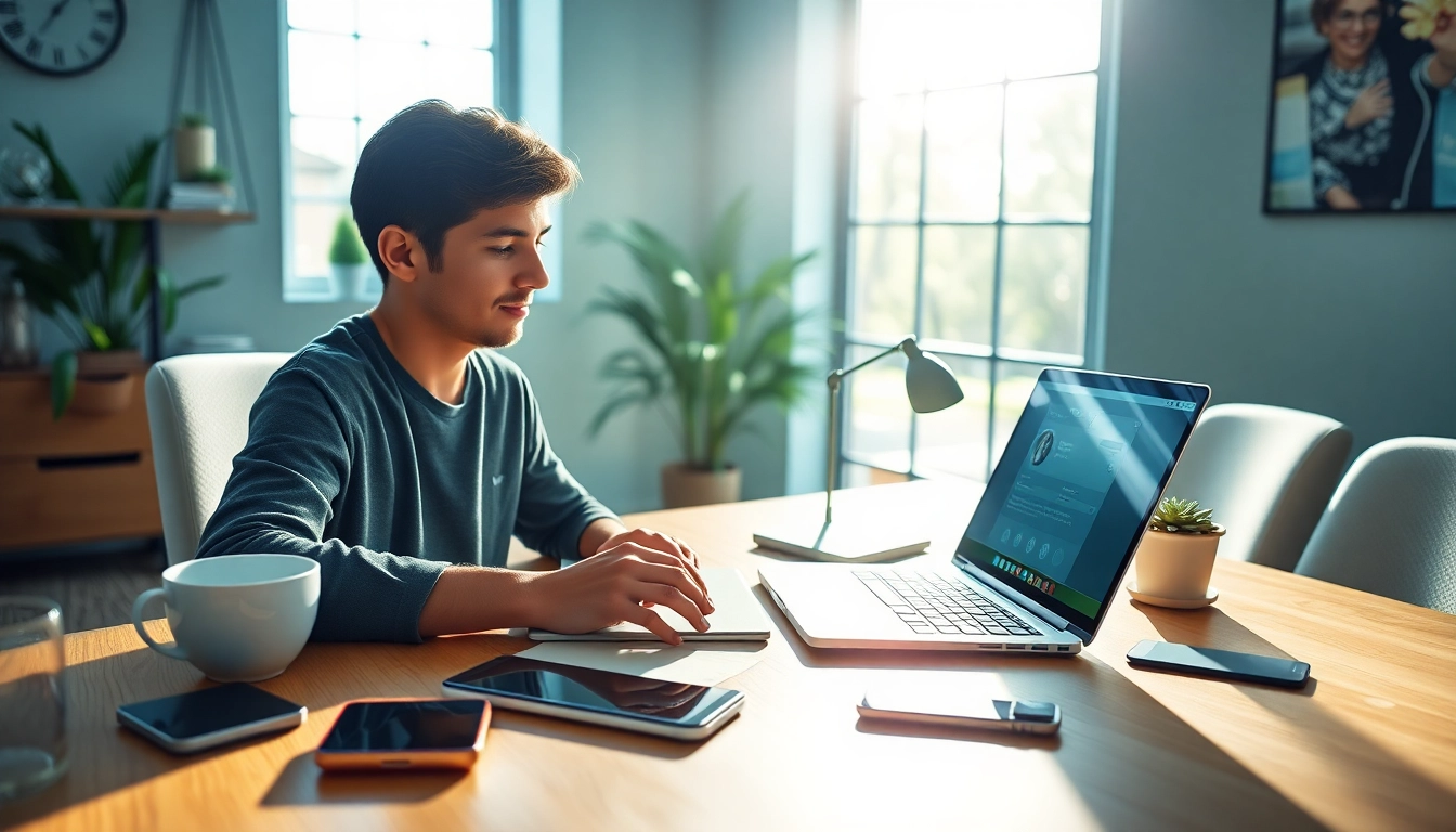 Person downloading 爱思助手下载 software on a laptop in a bright workspace.