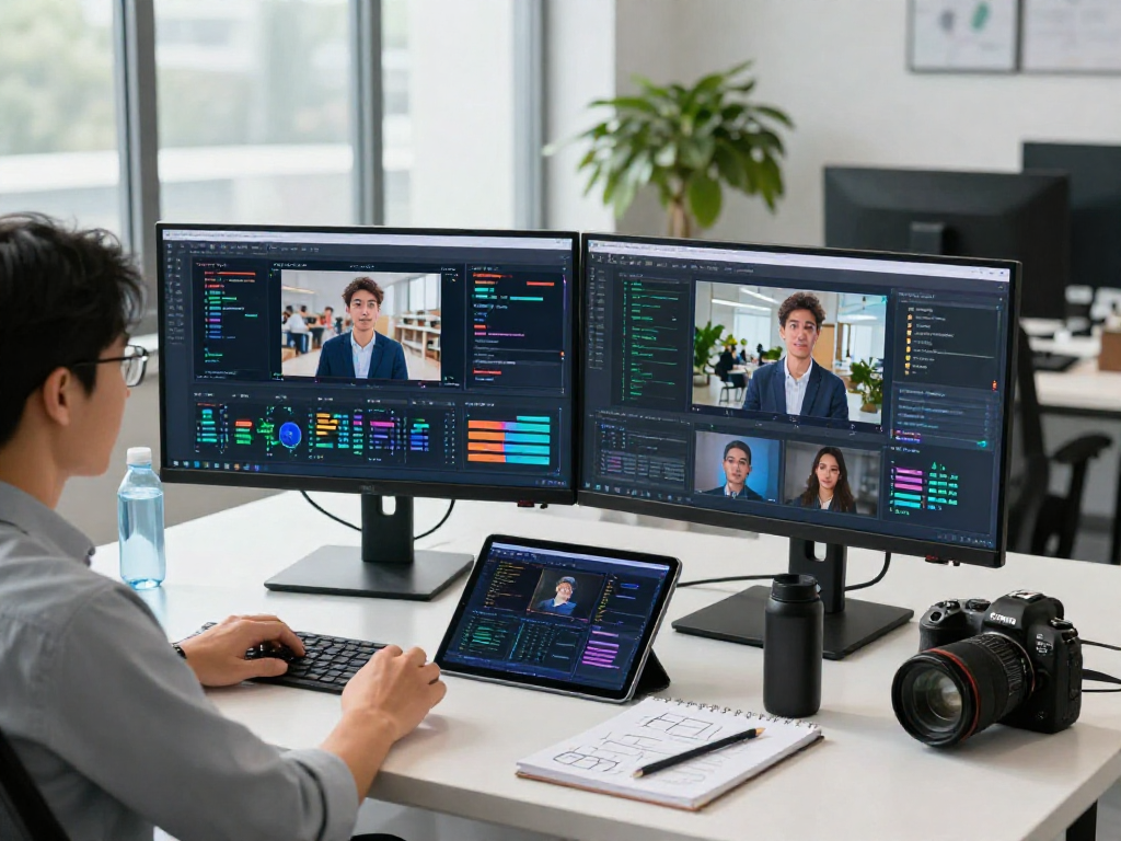 Detect AI image in a high-tech workspace where an AI specialist analyzes flagged content on dual monitors.