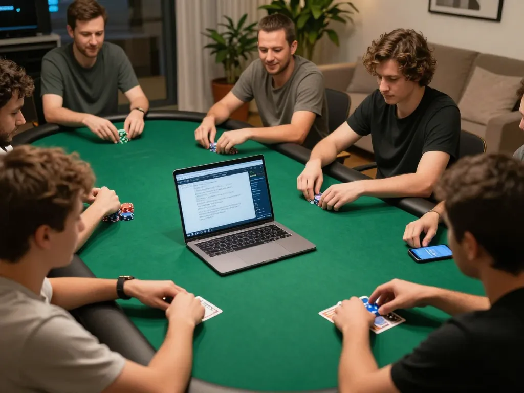 Players enjoying a strategic online poker game with 789WIN platform, showcasing chips and cards in action.