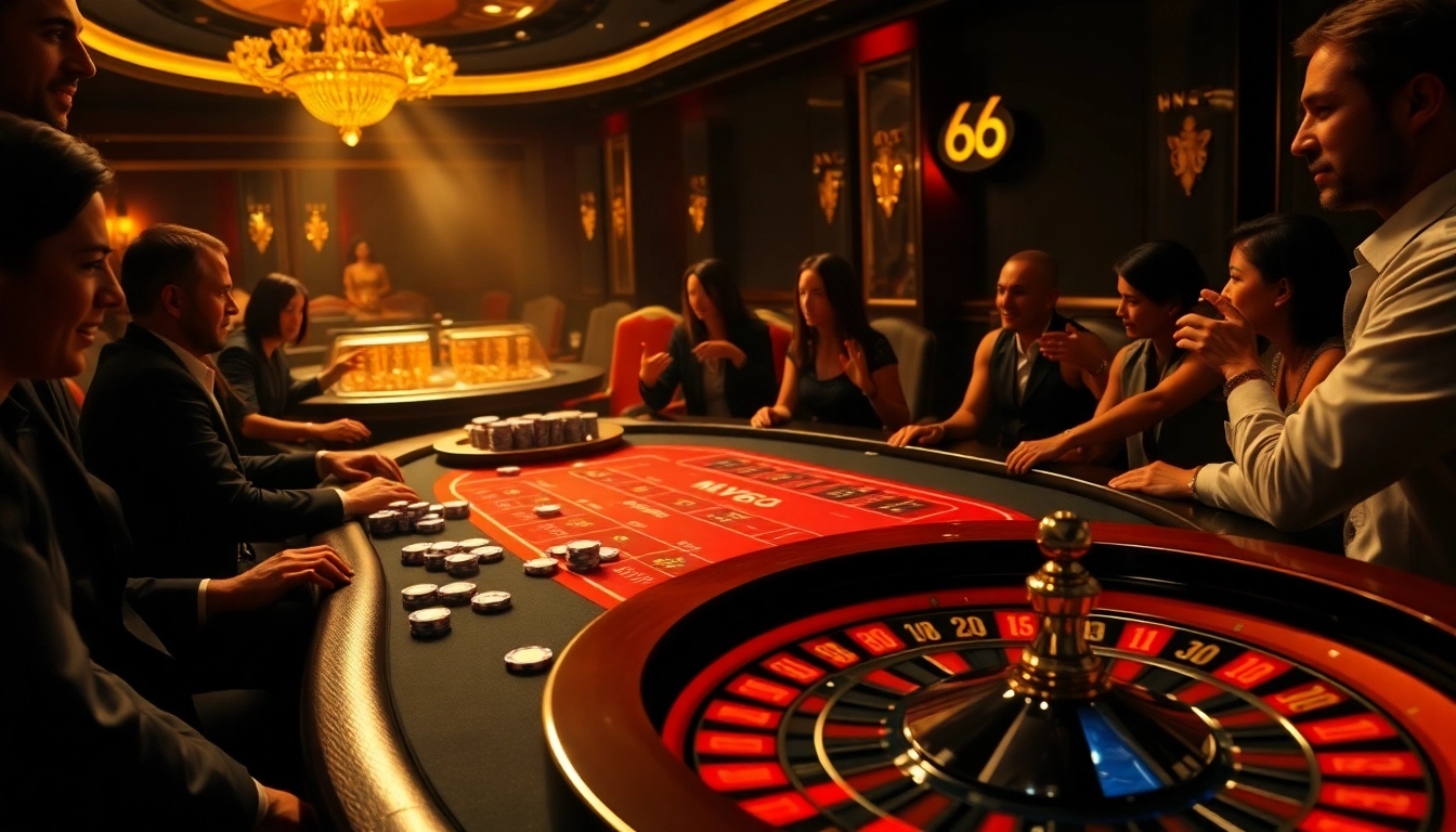 Excited players at the MV66 poker table in a luxurious casino ambiance.