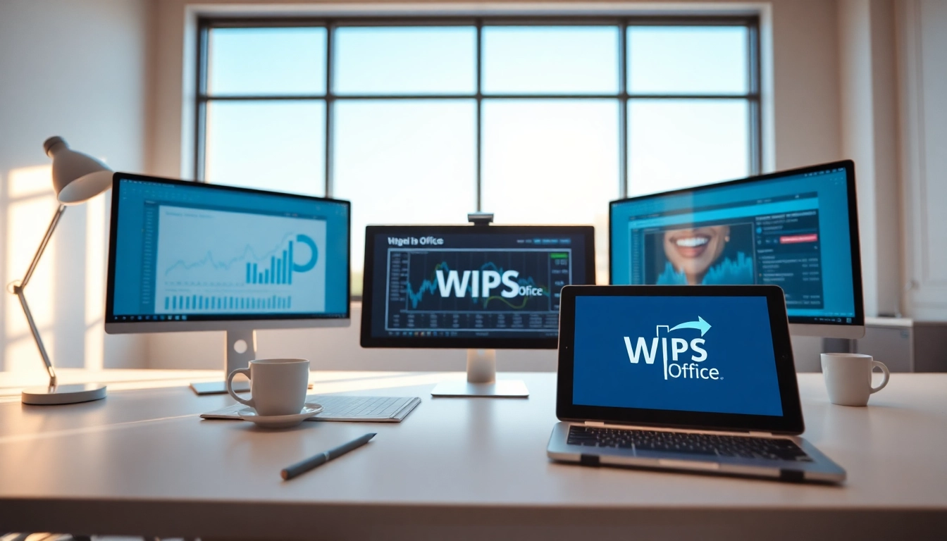 突出显示 WPS Office 工具、现代显示器和专业氛围的先进工作区。