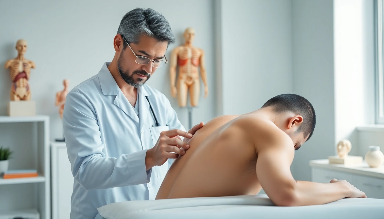 A therapist administering back pain treatment in a calm clinic, showcasing healing techniques.