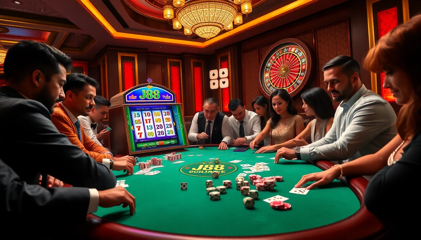 Engage with thrilling j88 slot machines at a luxurious casino table, with vibrant chips and cards.