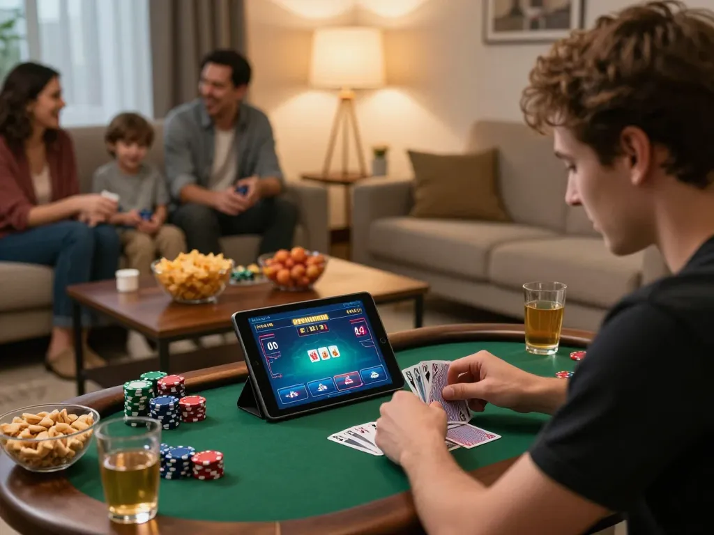 Player strategically engaging in c168 online poker with chips and snacks around them.