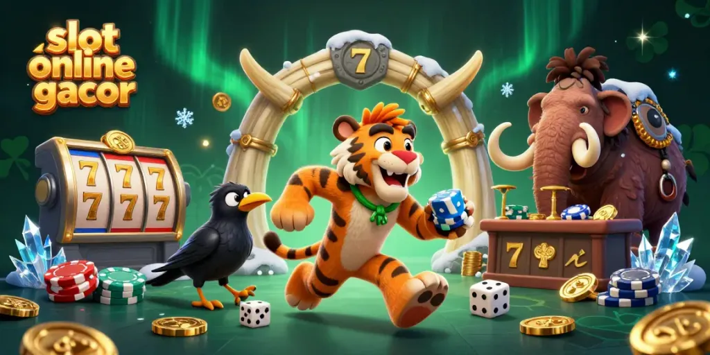 Engage with slot online gacor excitement through a vibrant and dynamic casino illustration featuring prehistoric characters and gameplay elements.