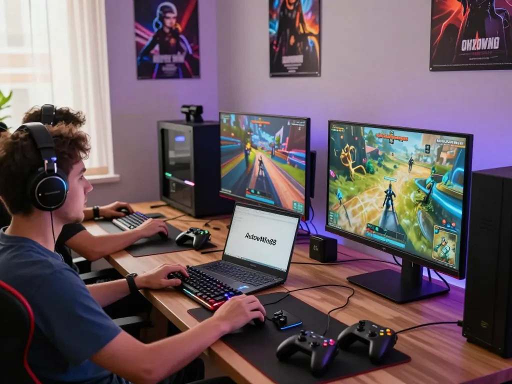Players enjoying Autowin88 online games in a vibrant, tech-savvy gaming room.
