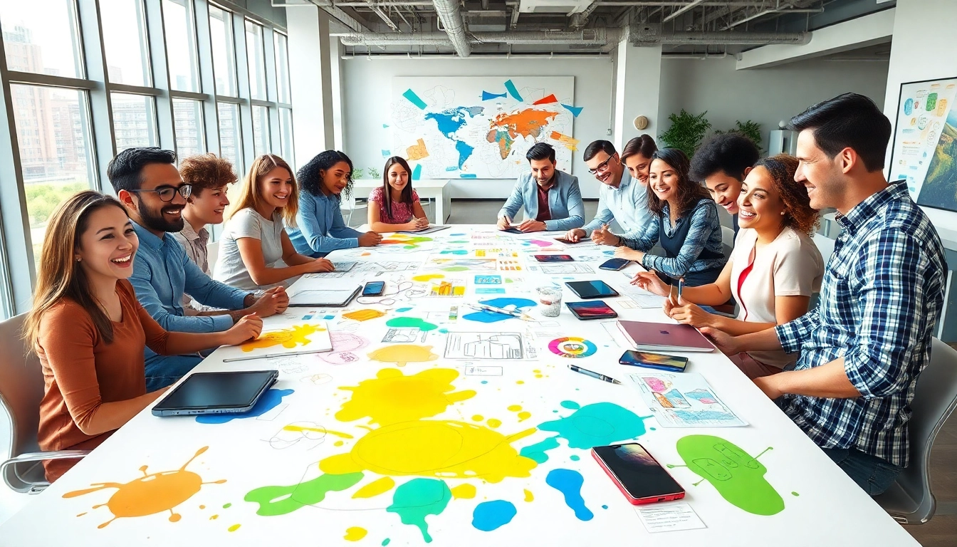 Engaging in Creative concept development with a vibrant team in a bright workspace.
