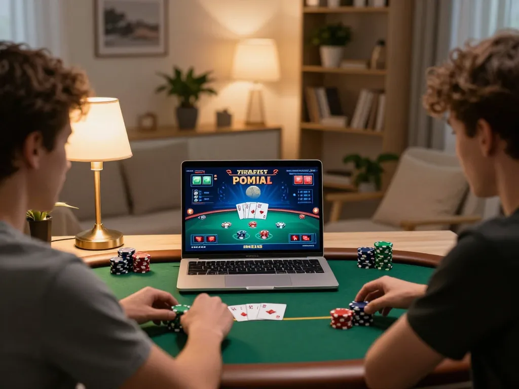 Players enjoying an interactive online poker game on sc88, highlighting strategy and excitement in a cozy home setting.