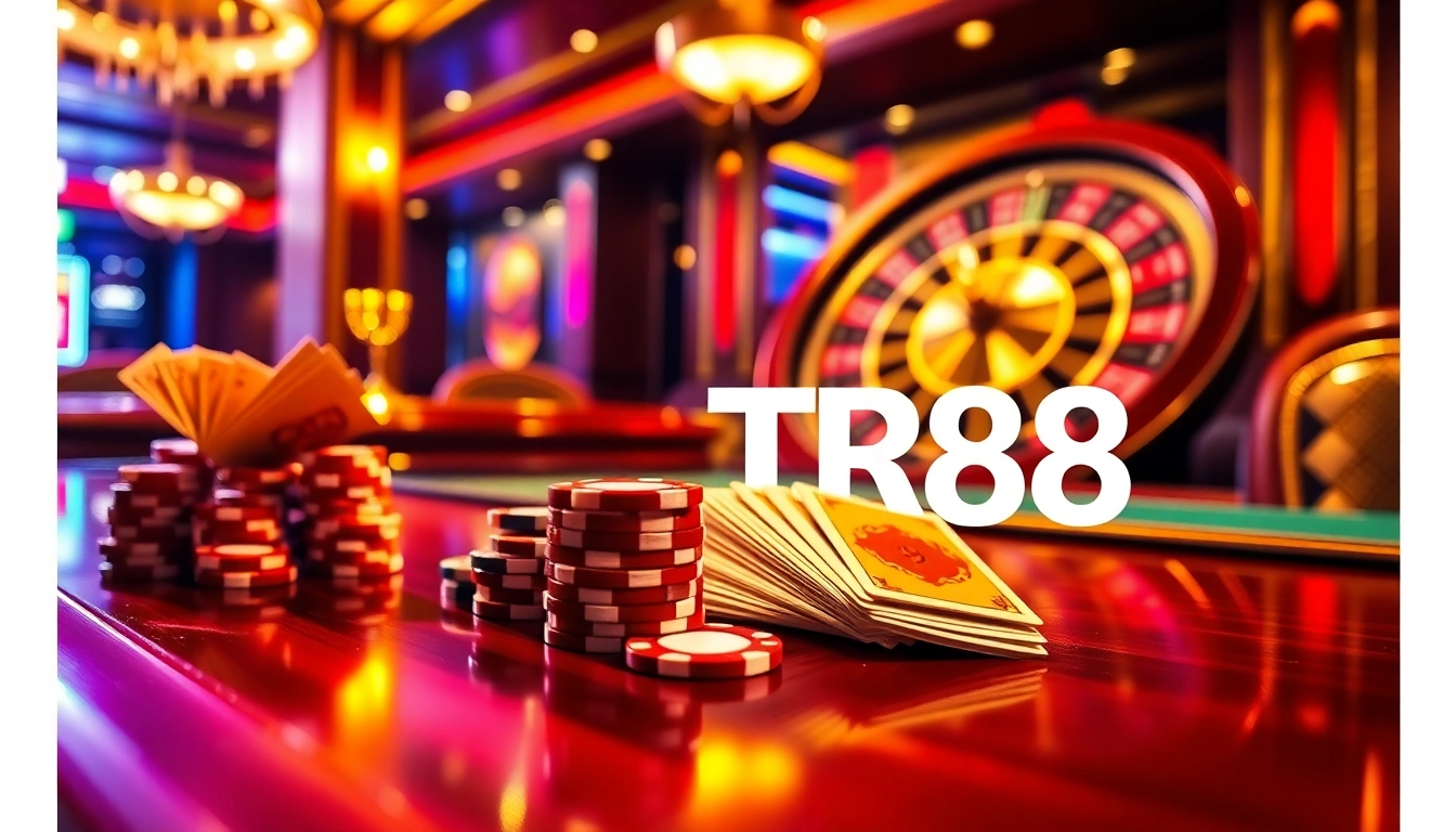 Experience the thrill of gambling with TR88 at a luxurious casino table featuring vibrant poker chips and a spinning roulette wheel.
