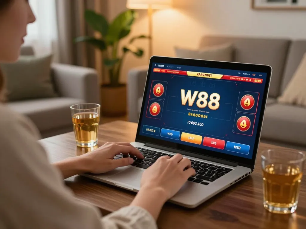 Player enjoying an exciting game at W88 online casino from their cozy living room, promoting responsible gaming.