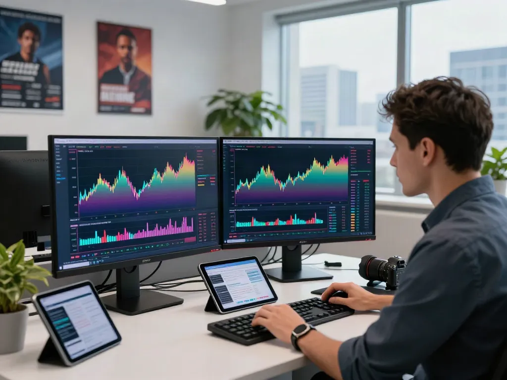 Trader analyzing TradingView charts in a modern office workspace, dual monitors displaying market data.