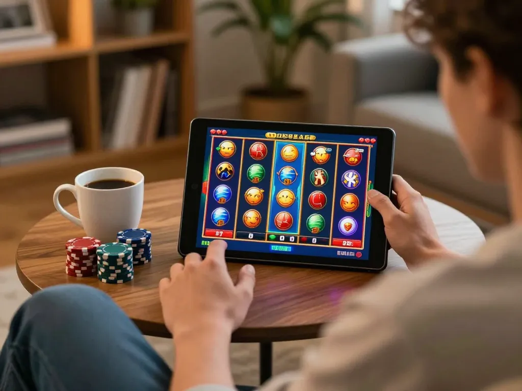 Player enjoying SC88 slots on a tablet at home with a cozy ambiance
