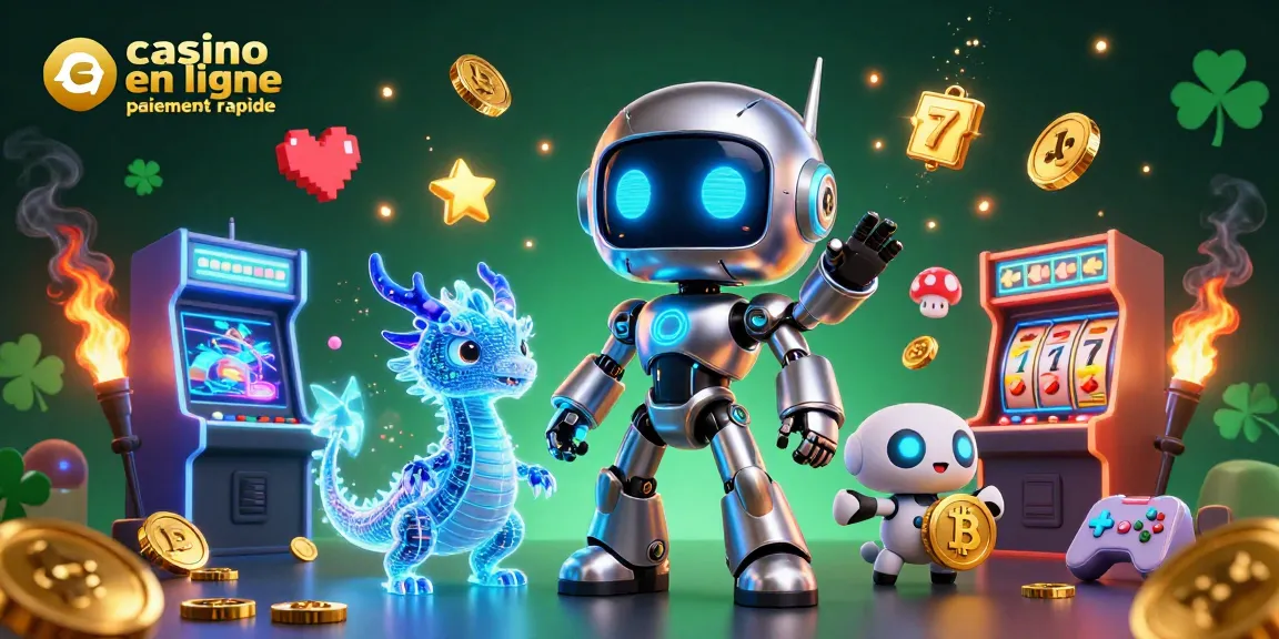 Casino en ligne paiement rapide : illustration dynamique avec un robot cybernétique, un dragon holographique et des machines à sous.