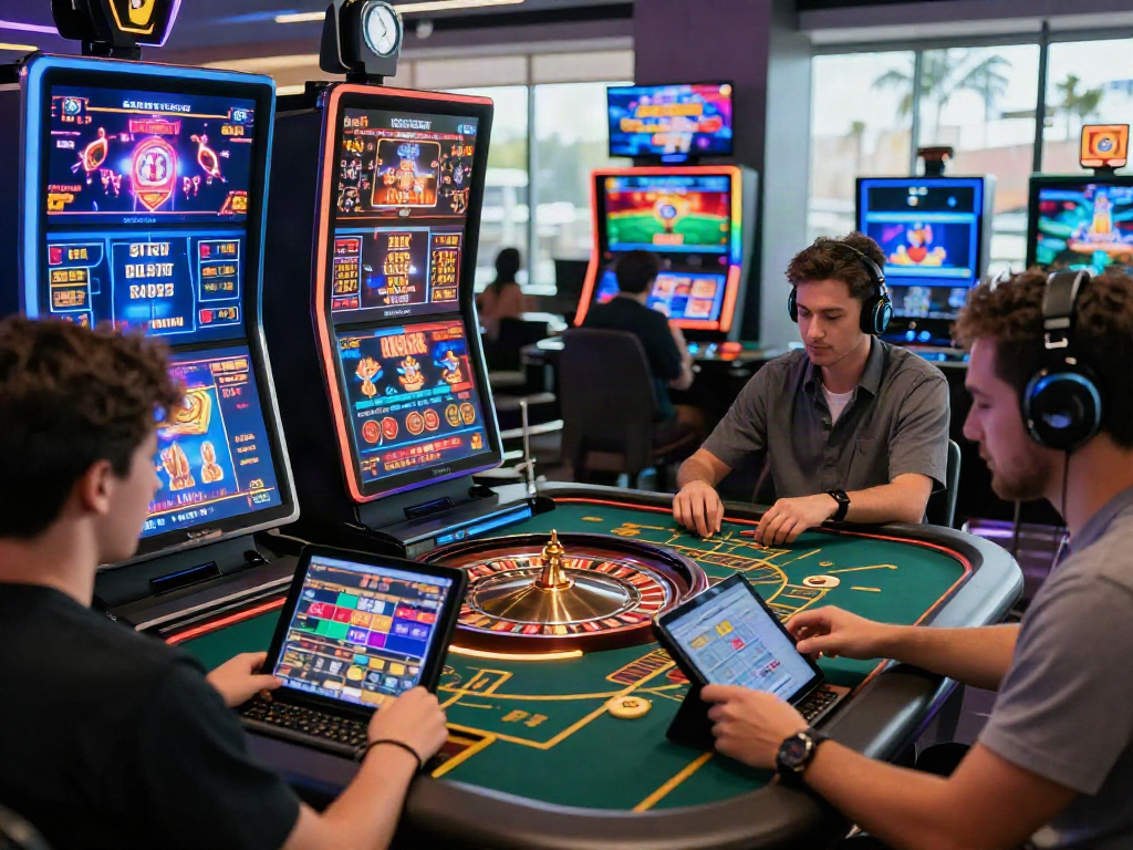 situs casino online gaming scene with diverse players at computers enjoying roulette, video poker, and live dealer games.