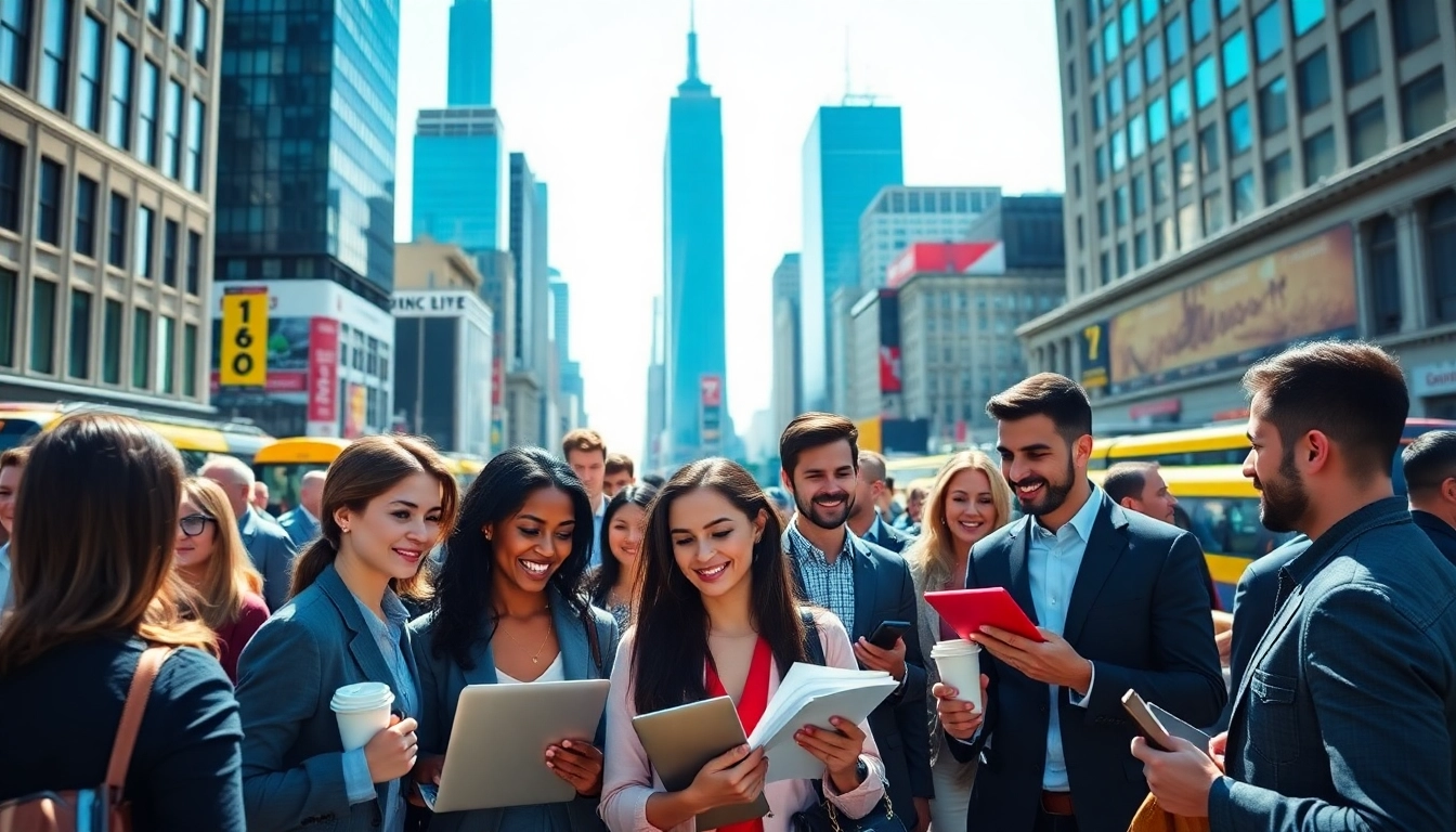 Network of professionals discussing new york jobs in a vibrant NYC setting.