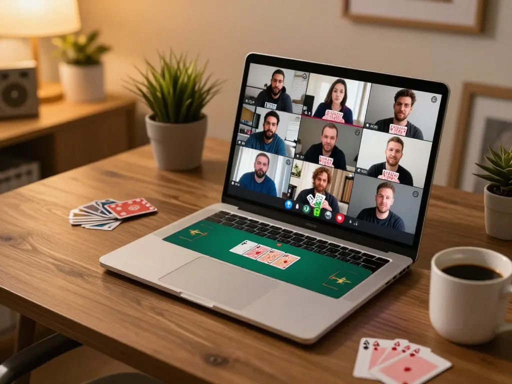Engaging online poker scene with players interacting on a laptop, highlighting หน้าแรก 12PLAY.
