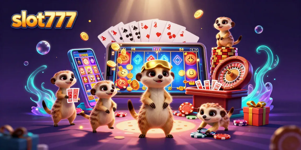 Slot777 menghidupkan permainan kasino dengan koloni meerkat yang aktif dan elemen slot yang berwarna-warni.