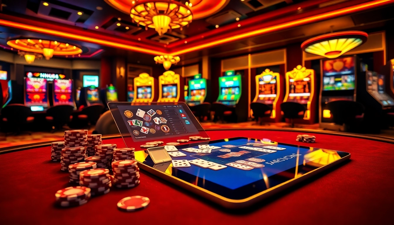 Engage with thrilling games at nn88 com, featuring a luxurious casino atmosphere with vibrant tables and slot machines.