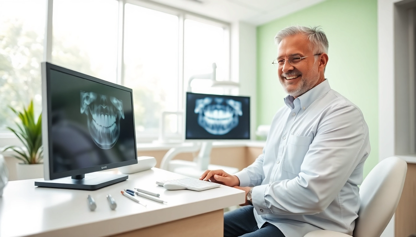Dentist examining X-ray in a modern clinic, showcasing professionalism and care.