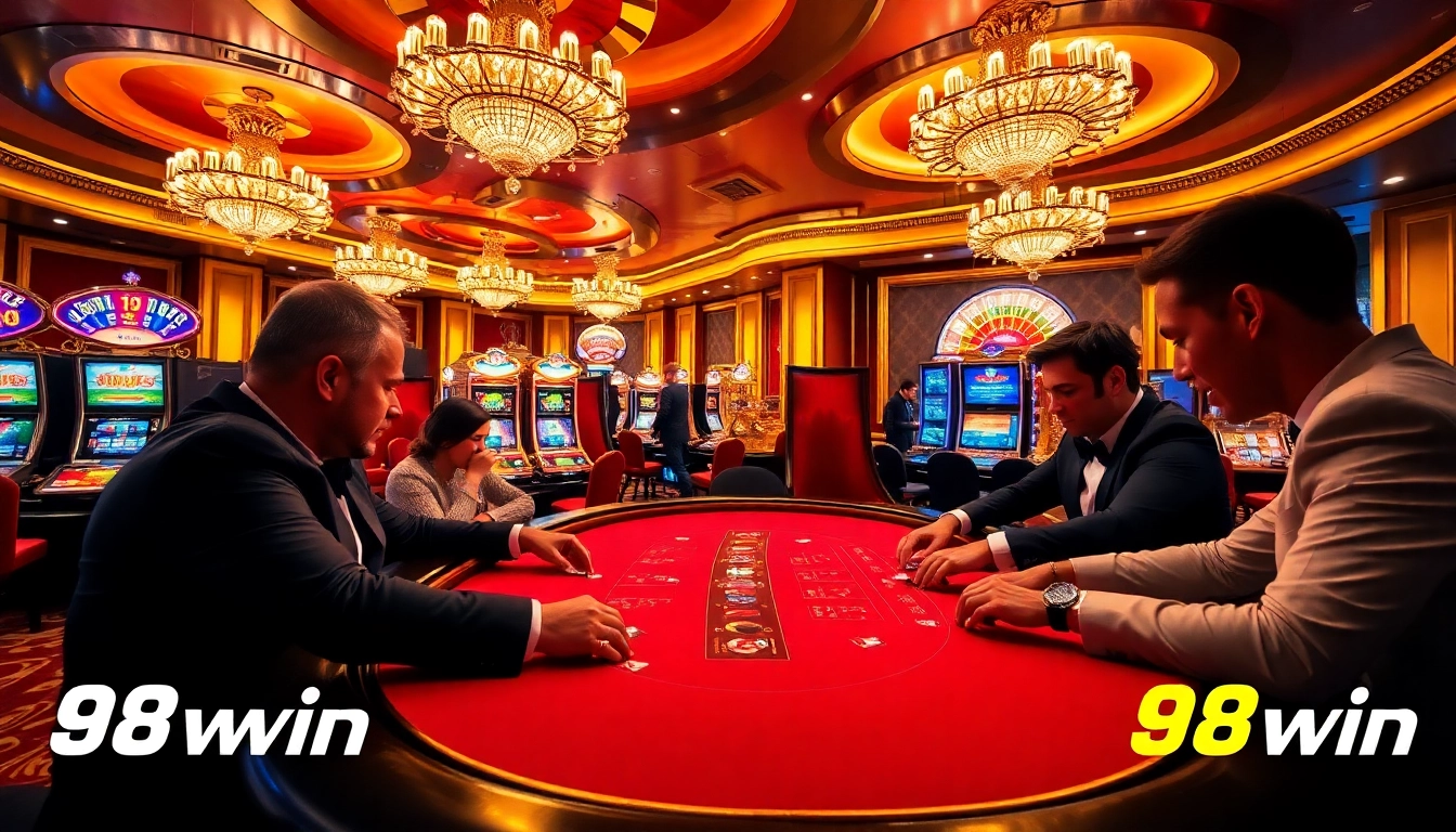 Players strategizing at a Blackjack table in 98win's luxurious casino environment.