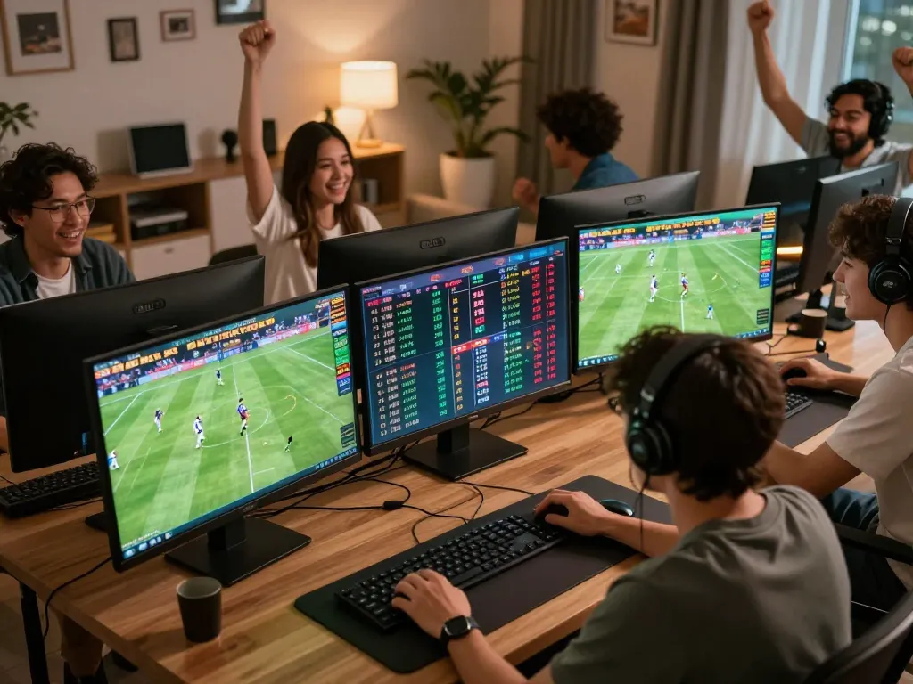 Xoilac TV user critically analyzing live sports betting odds from home, showcasing a vibrant gambling atmosphere.