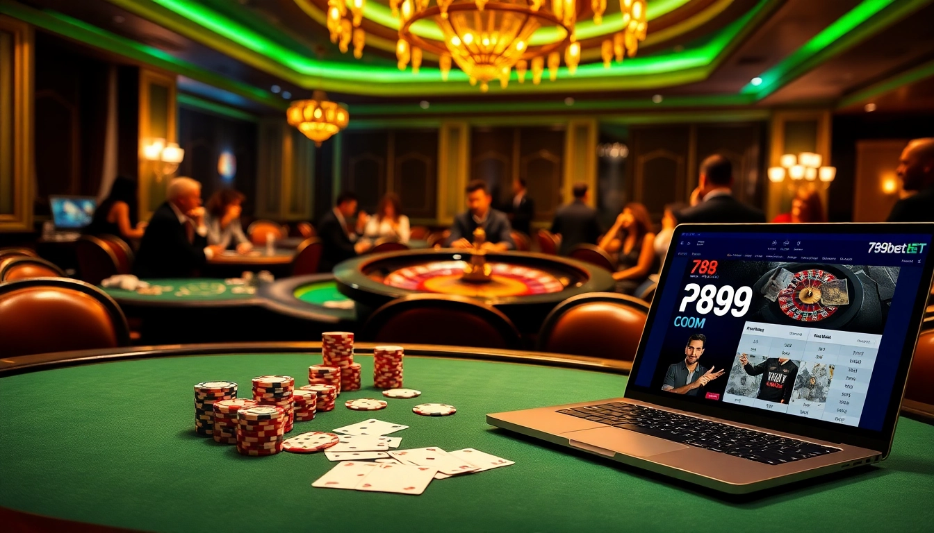 Engage in thrilling gameplay with 789bet.com at a vibrant casino filled with poker tables and roulette wheels.