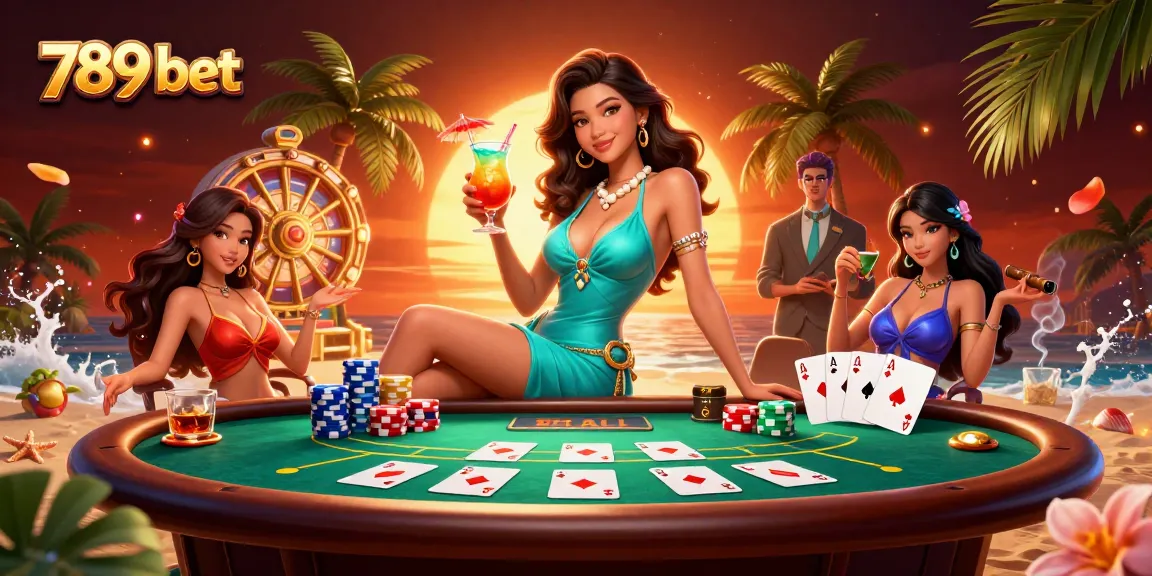 Play 789 bet at a vibrant casino scene featuring a glamorous Asian woman with tokens and cards.