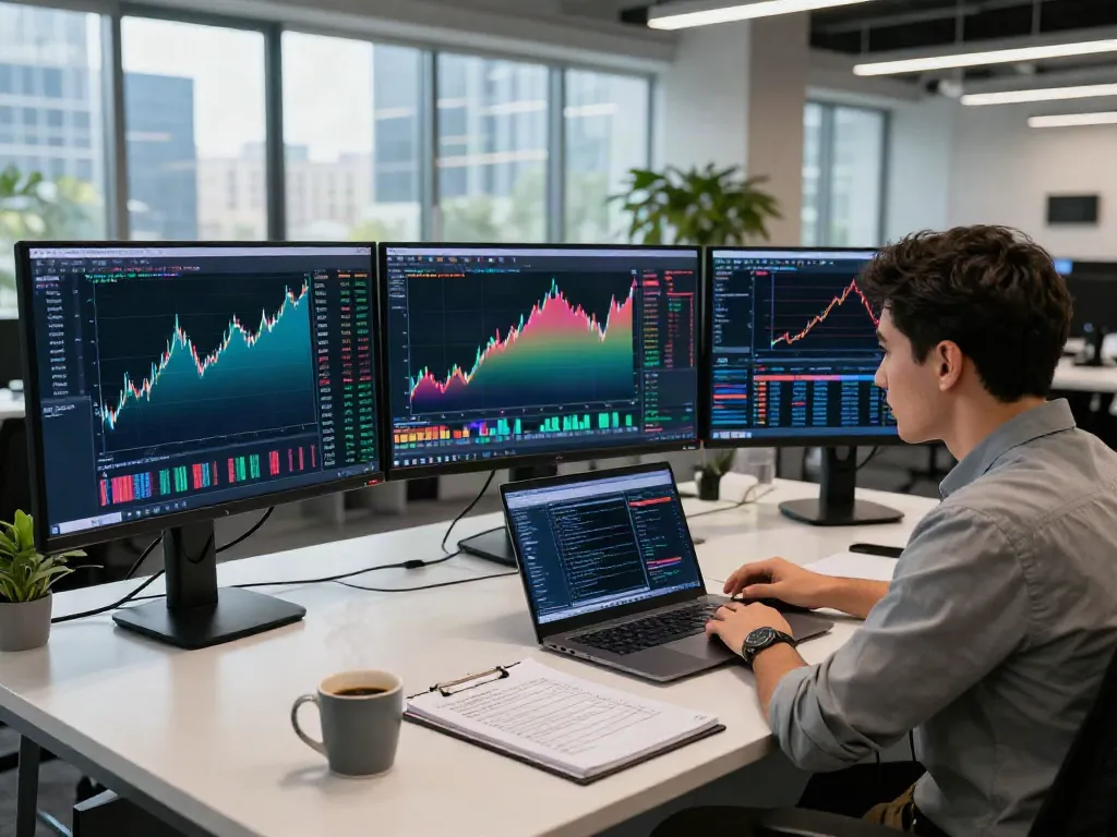Trader using MetaTrader 5 in a vibrant financial trading room.