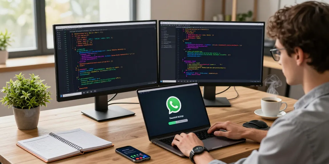 WhatsApp下載 in a modern tech workspace with laptop, documents, and natural light.