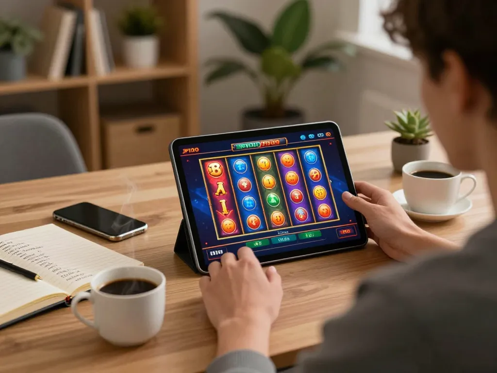 Engaging in JPTOTO online gaming while reviewing strategies in a cozy home office.