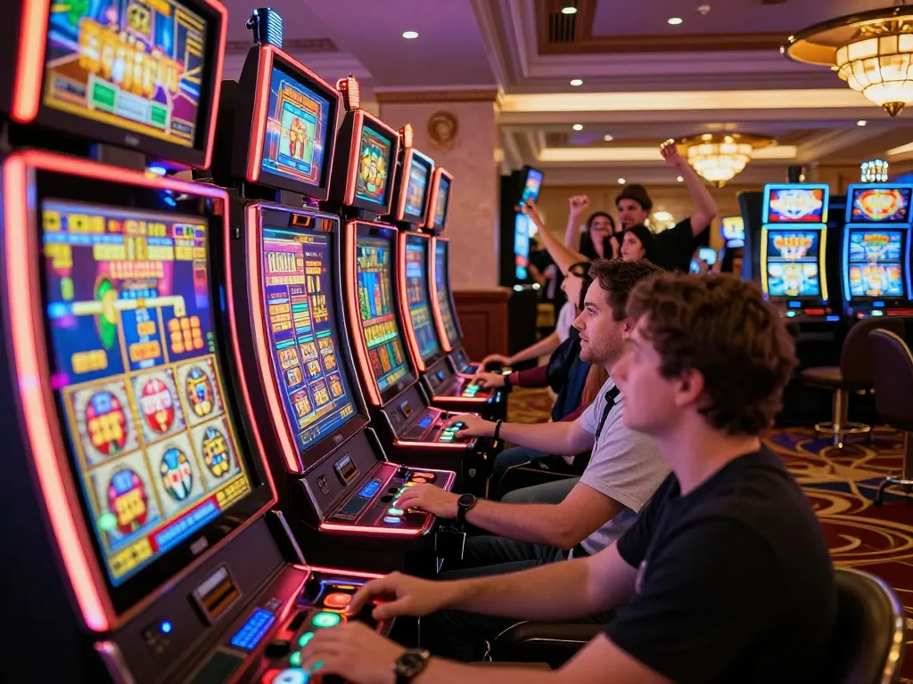Players enjoying the giường bệnh nhân slots as they celebrate wins in a lively casino