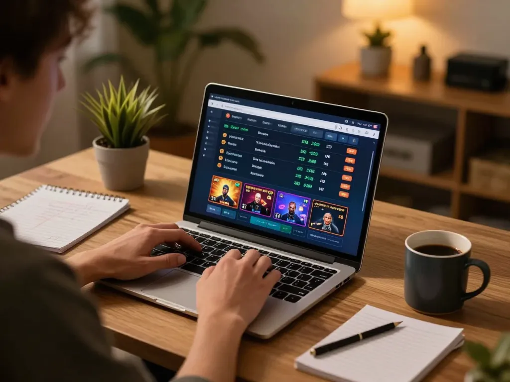 winstrike69 sports betting session featuring a user strategically analyzing odds on a laptop