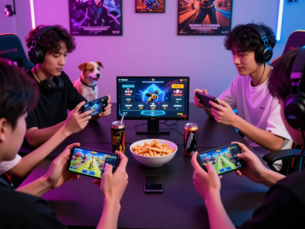Engaged friends playing Go88 online game, vibrant gaming atmosphere with snacks