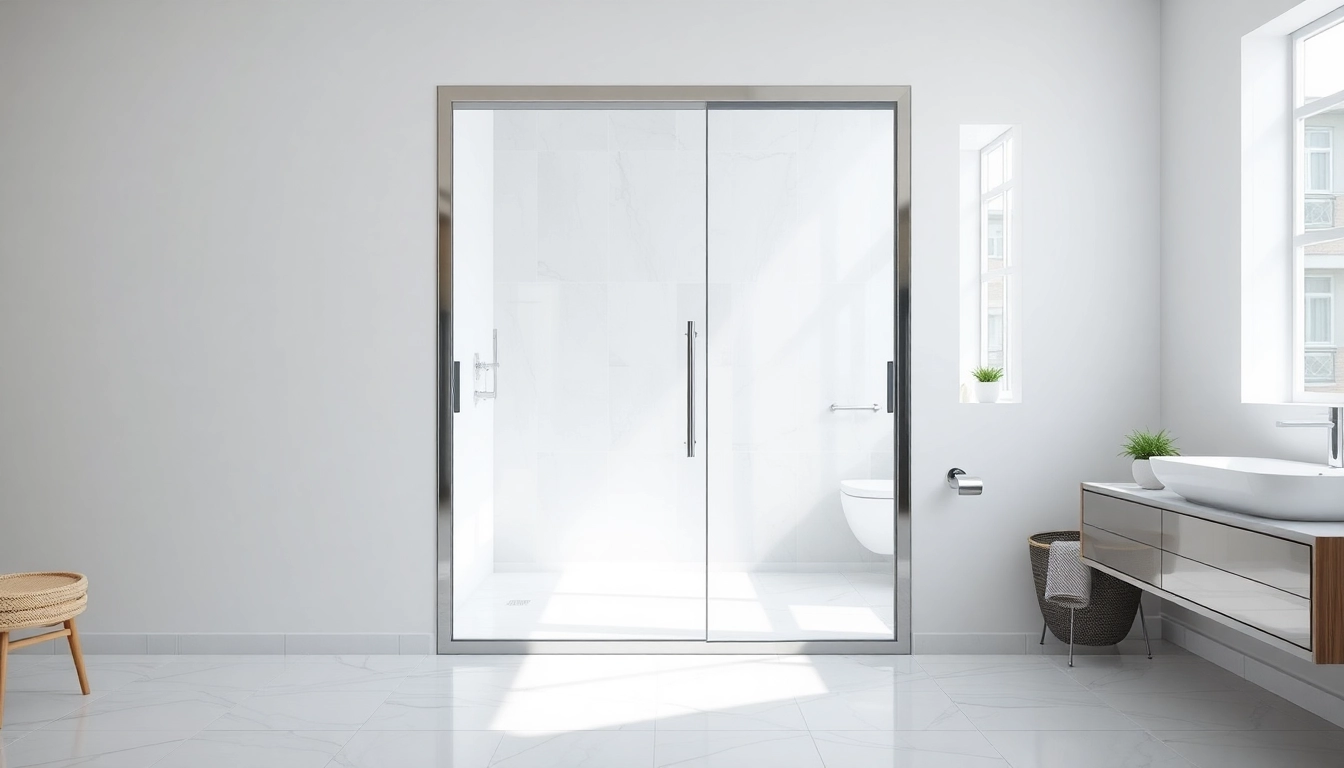 Modern sliding shower doors add elegance to a luxurious bathroom setting.
