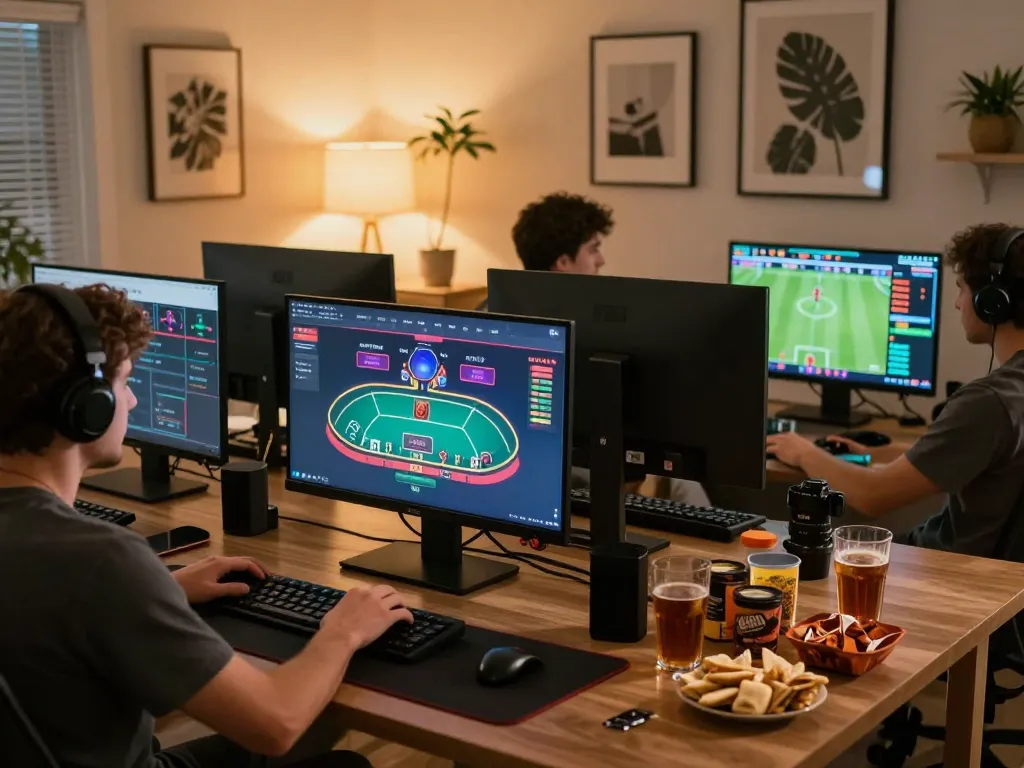 Engaged user exploring fly88 online casino and betting options on multiple screens in a stylish home office.
