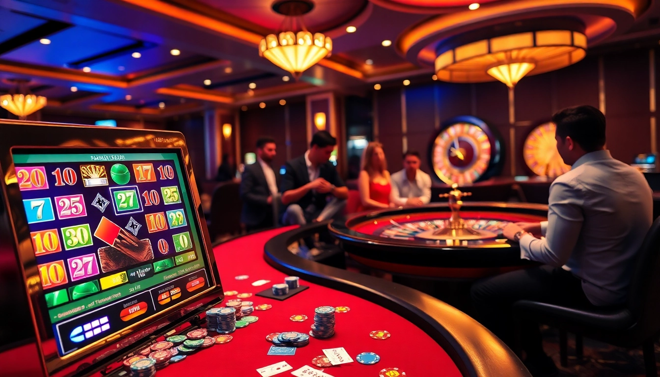 Engaging idnslot gaming scene with vibrant table and slot machine excitement