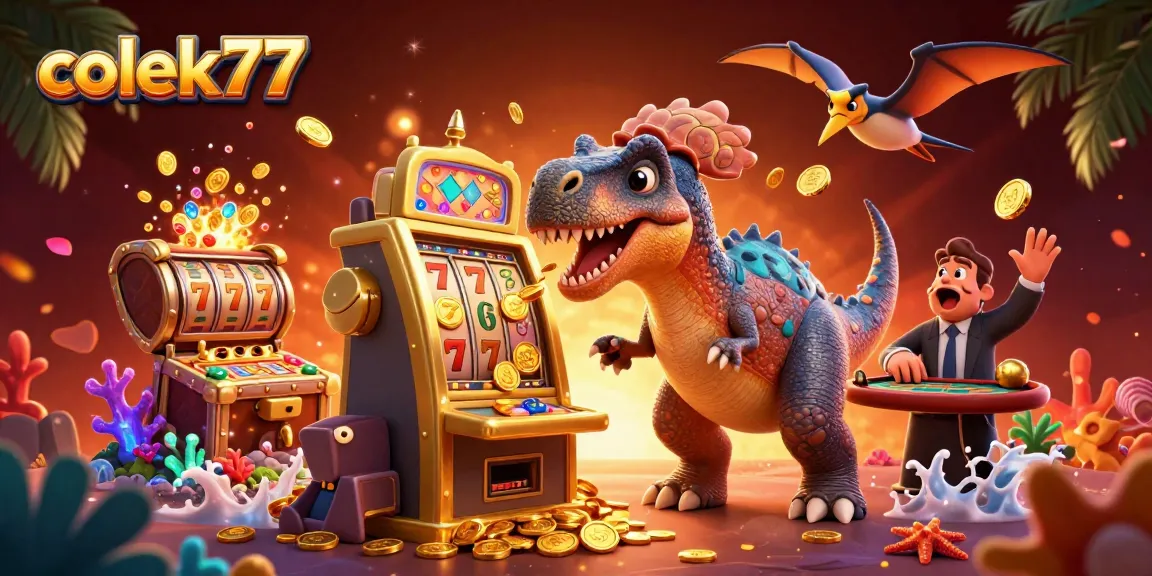 Experience colek77's thrilling jackpot excitement as cartoon dinosaurs interact with slot machines!