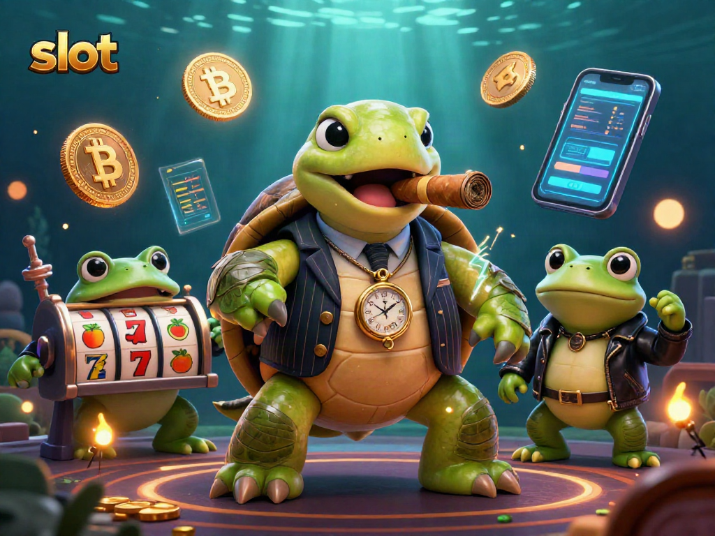 Spin the slot reels with luck personified by a turtle mobster in a vibrant casino setting.