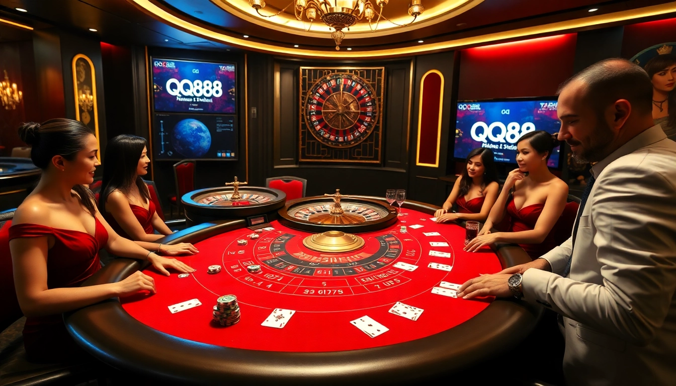 Experience thrilling gameplay at QQ88 with sophisticated casino tables and vibrant atmosphere.