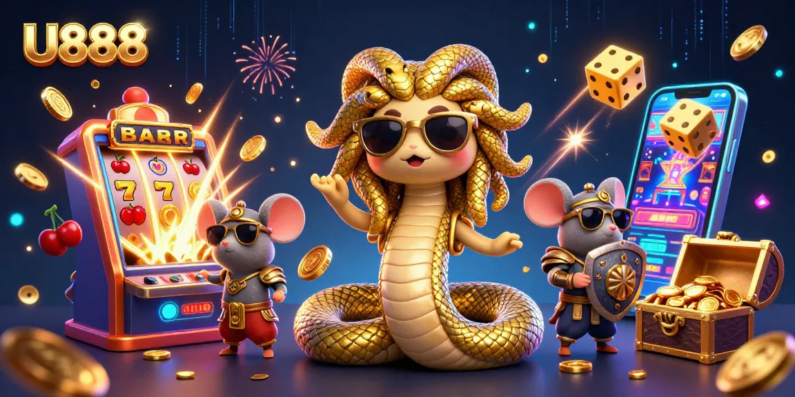 Experience thrilling wins at U888 with exciting slot machines and captivating characters in a vibrant casino scene.