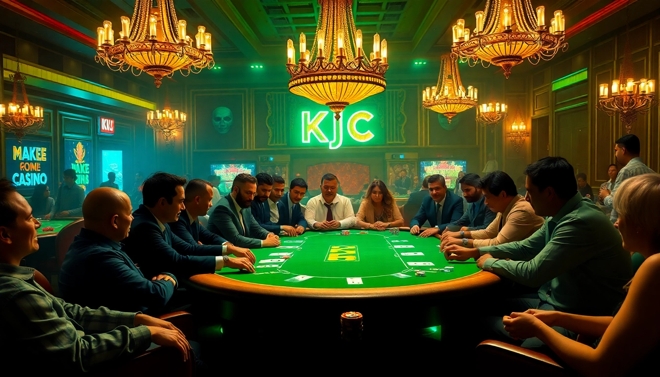 KJC poker table scene showcasing excitement and high-stakes betting in a luxurious casino atmosphere.