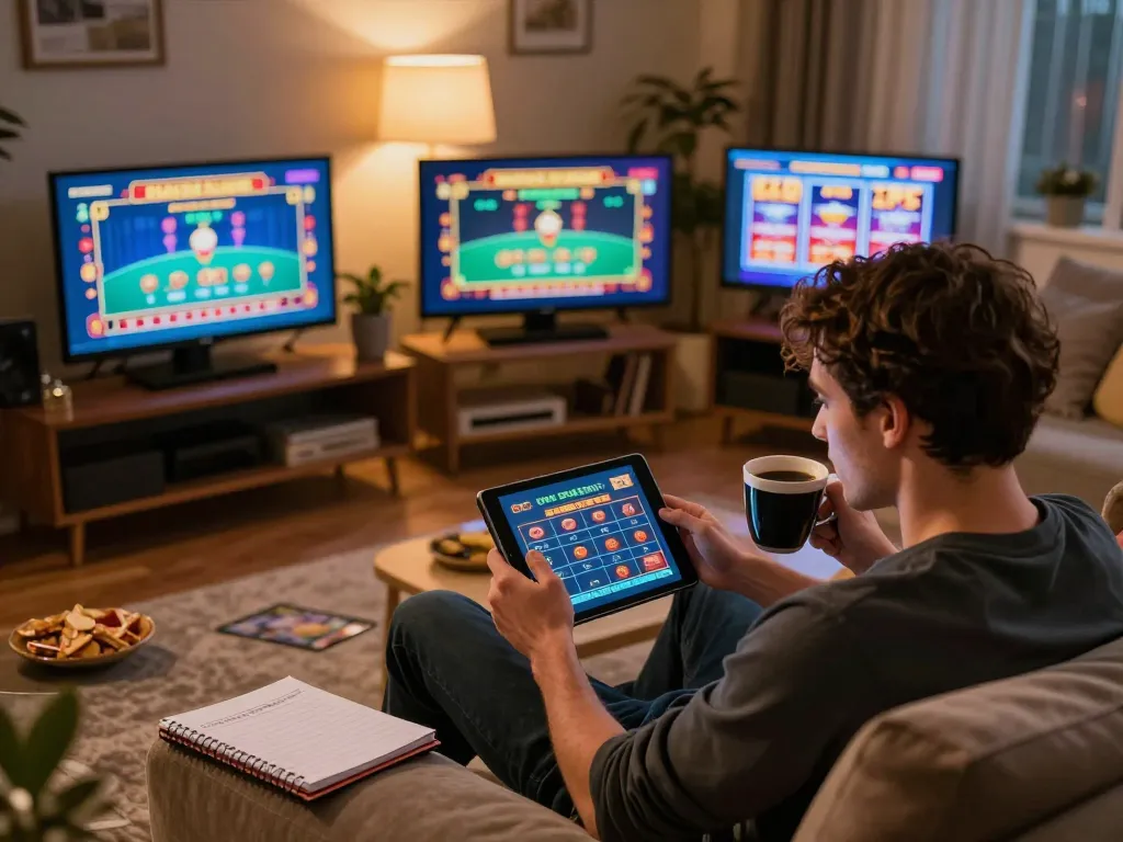 Player strategizing in online casino games at home, showcasing immersive 32win gaming experience.