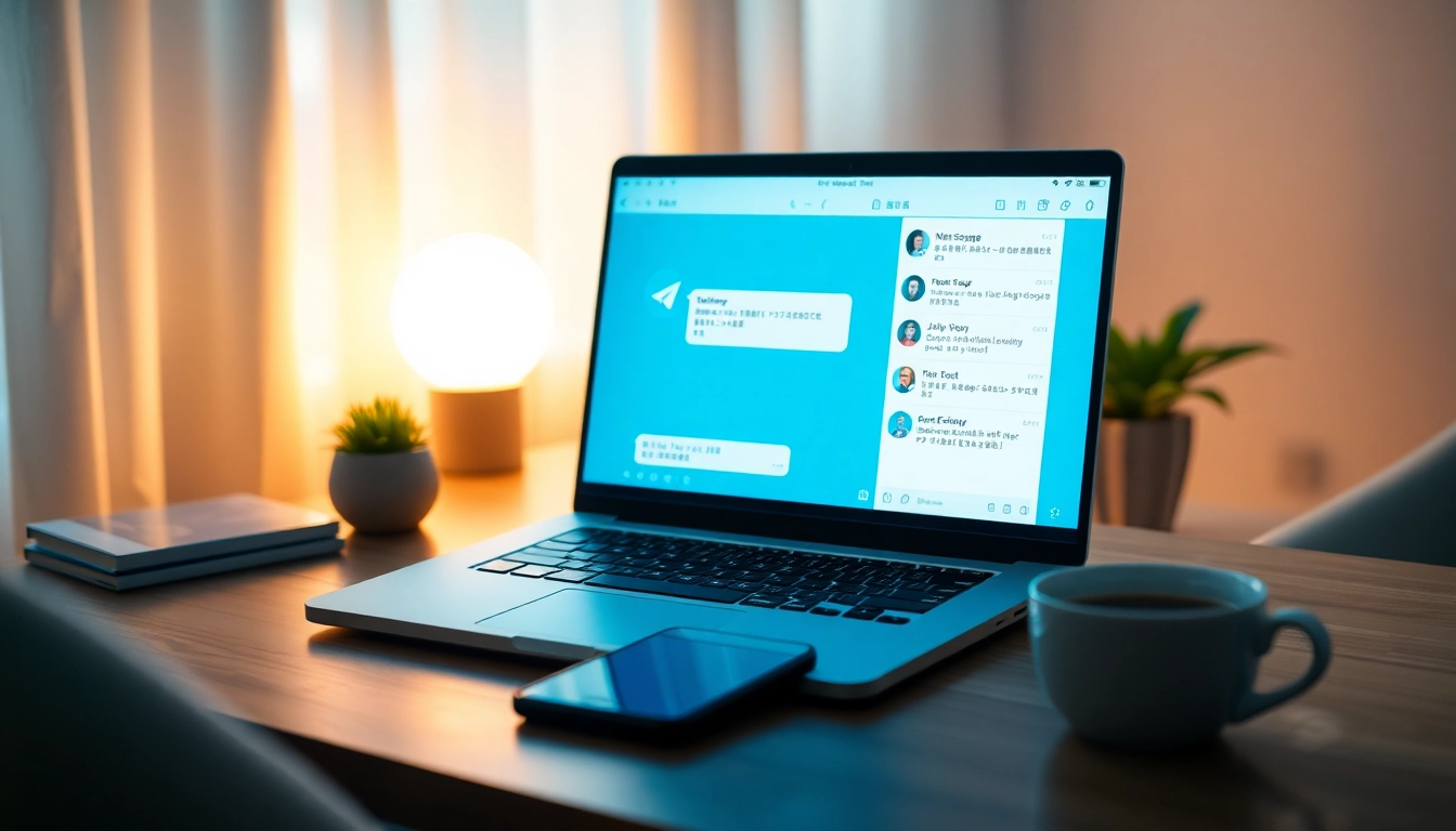 Telegram中文版 interface displayed on a laptop in a cozy workspace, showcasing innovative communication.