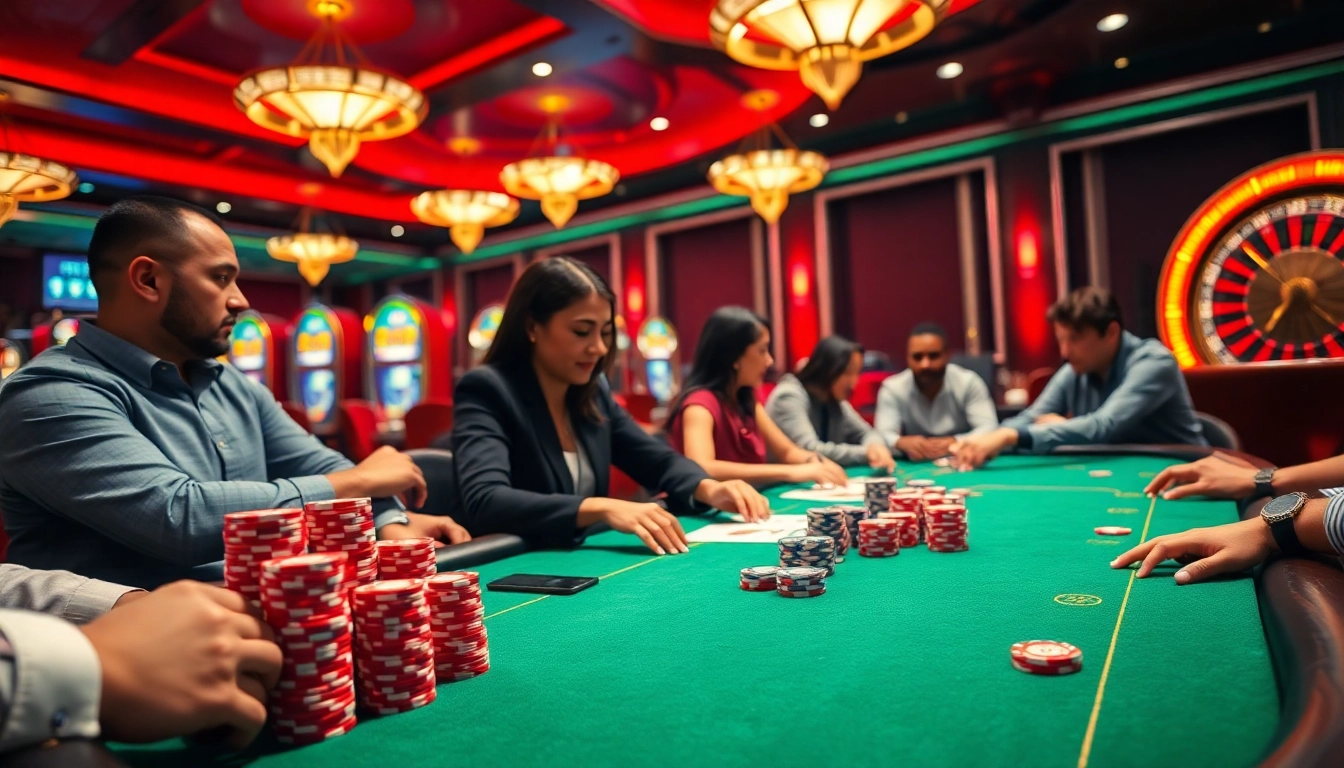 Aksi poker online yang menarik dengan elemen kasino yang hidup seperti chip dan kartu.