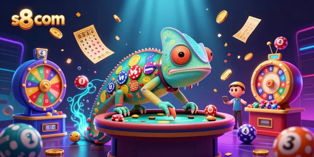 Engage with the vibrant world of S8 com, featuring a colorful chameleon casino owner amidst thrilling game elements and rewards.
