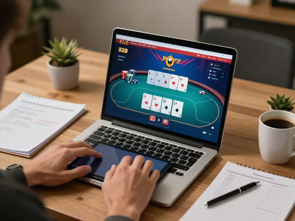 Engaging in online poker at Trang chủ HO88 with a laptop showing chips and cards.