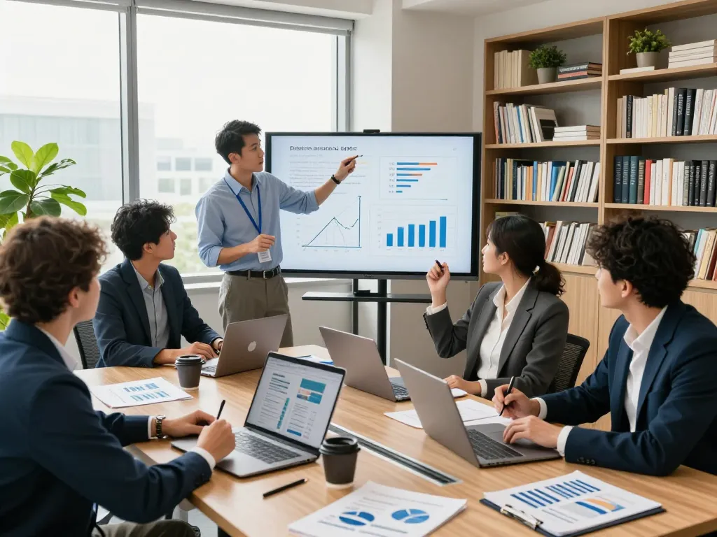 現代のオフィス環境で協力するチーム、顧客獲得における合同会社SUMXの革新的なアプローチを反映。
