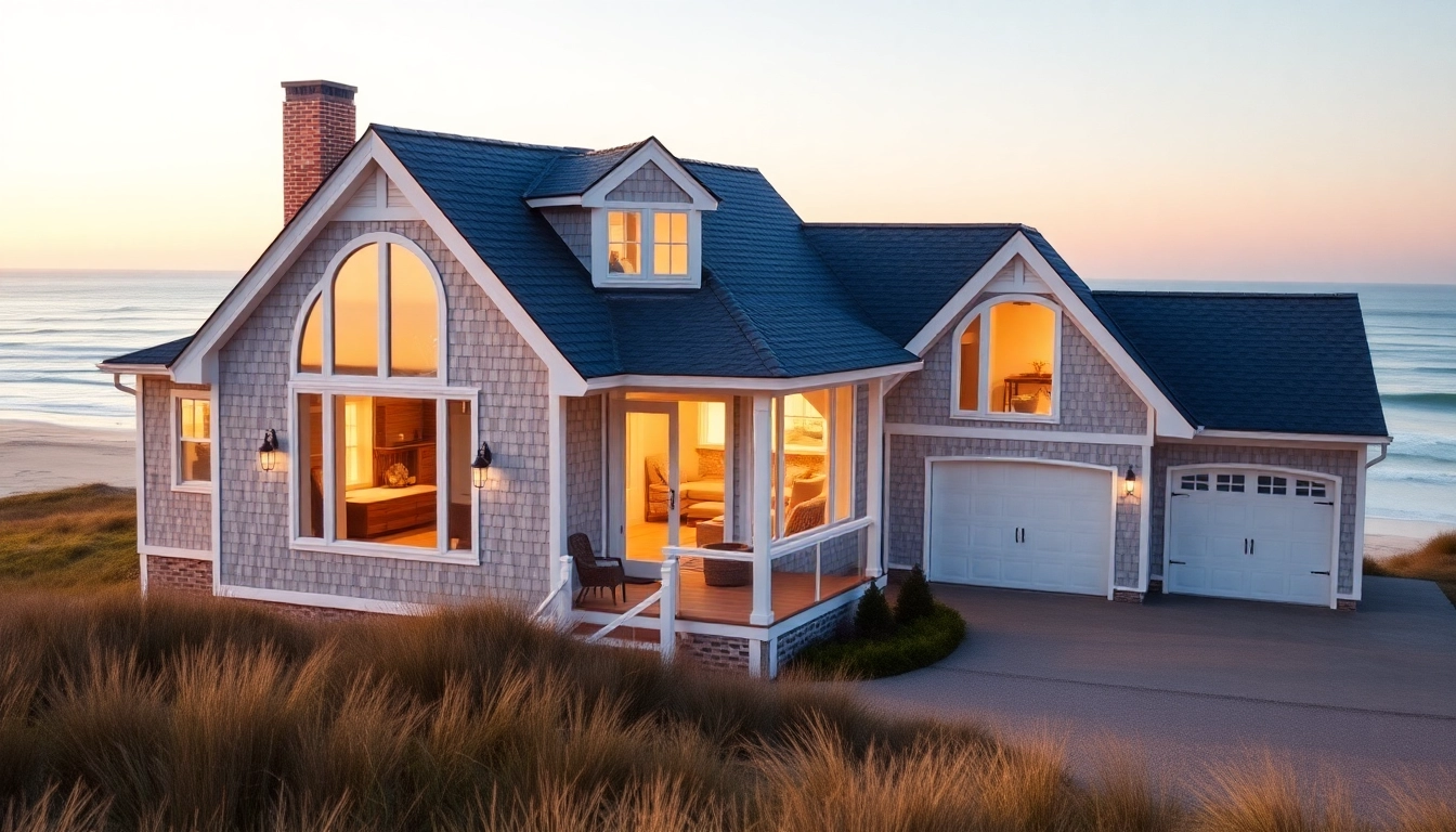 Cape Cod home showcasing a modern expansion with attached garage in a serene coastal setting.
